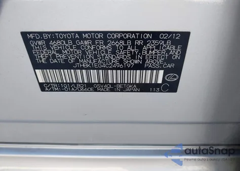 2012 Lexus Es 350 из США, поврежденный, VIN JTHBK1EG4C2496197